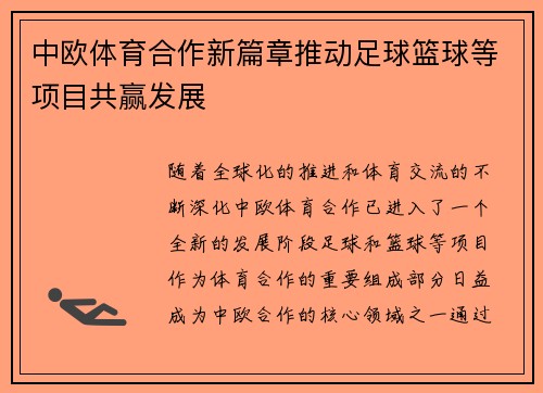 中欧体育合作新篇章推动足球篮球等项目共赢发展