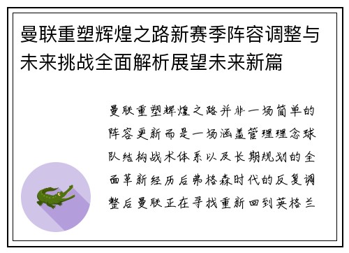 曼联重塑辉煌之路新赛季阵容调整与未来挑战全面解析展望未来新篇