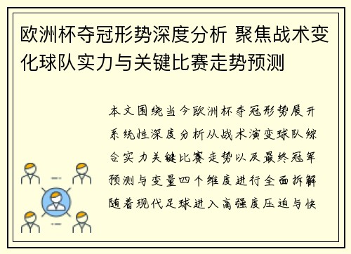 欧洲杯夺冠形势深度分析 聚焦战术变化球队实力与关键比赛走势预测
